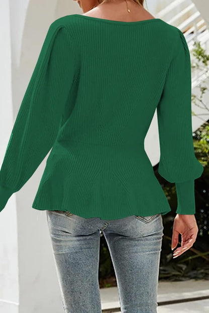 Womens Fall Puff Sleeve Peplum Casual Slim Fit Knit Pullover Sweater