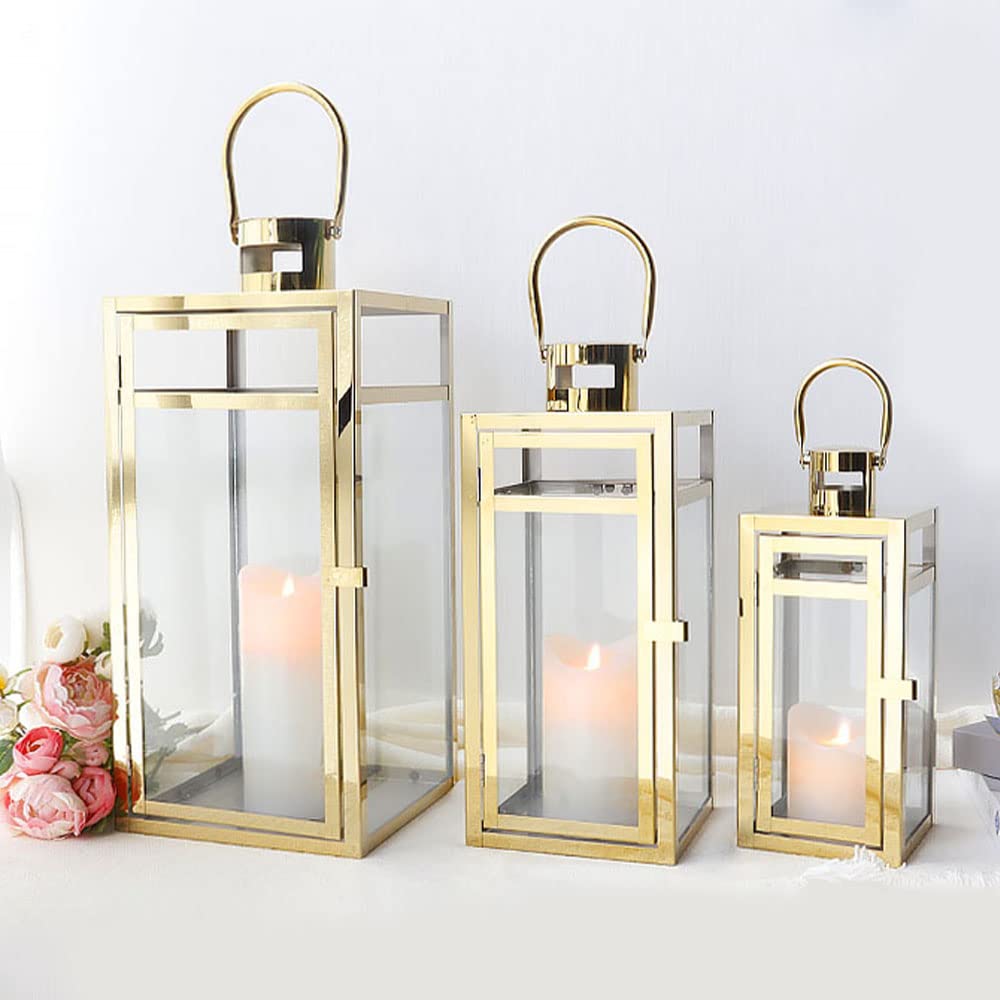 TRIROCKS Set of 3 Stainless Steel Candle Lantern 19/15/12'' High Metal Candle Holder with Tempered Glass Panels Perfect for Home Decor Living Room Parties Events Tabletop Indoors Outdoors (Rose Gold)