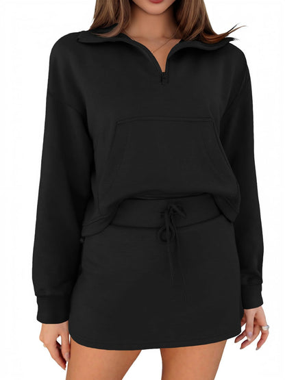 Fisoew Women’s 2 Piece Outfits Quarter Zip Cropped Sweatshirts Casual Mini Skorts Lounge Wear Skirts Sets