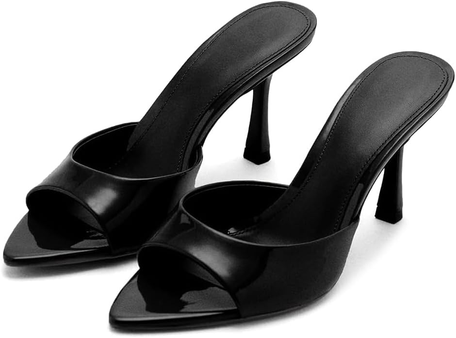 High Heel Mules - Pointed Open Toe Slip On