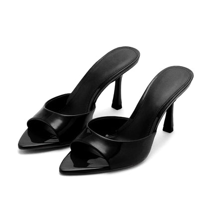 High Heel Mules - Pointed Open Toe Slip On