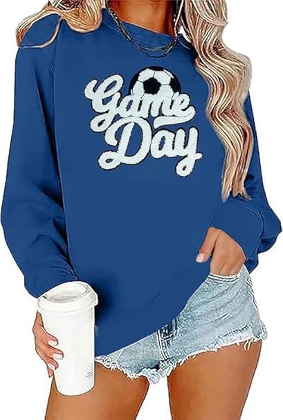 Game Day Soccer Sweatshirt Women Soccer Season Chenille Patch Pullover Top Causal Long Sleeve Football Top