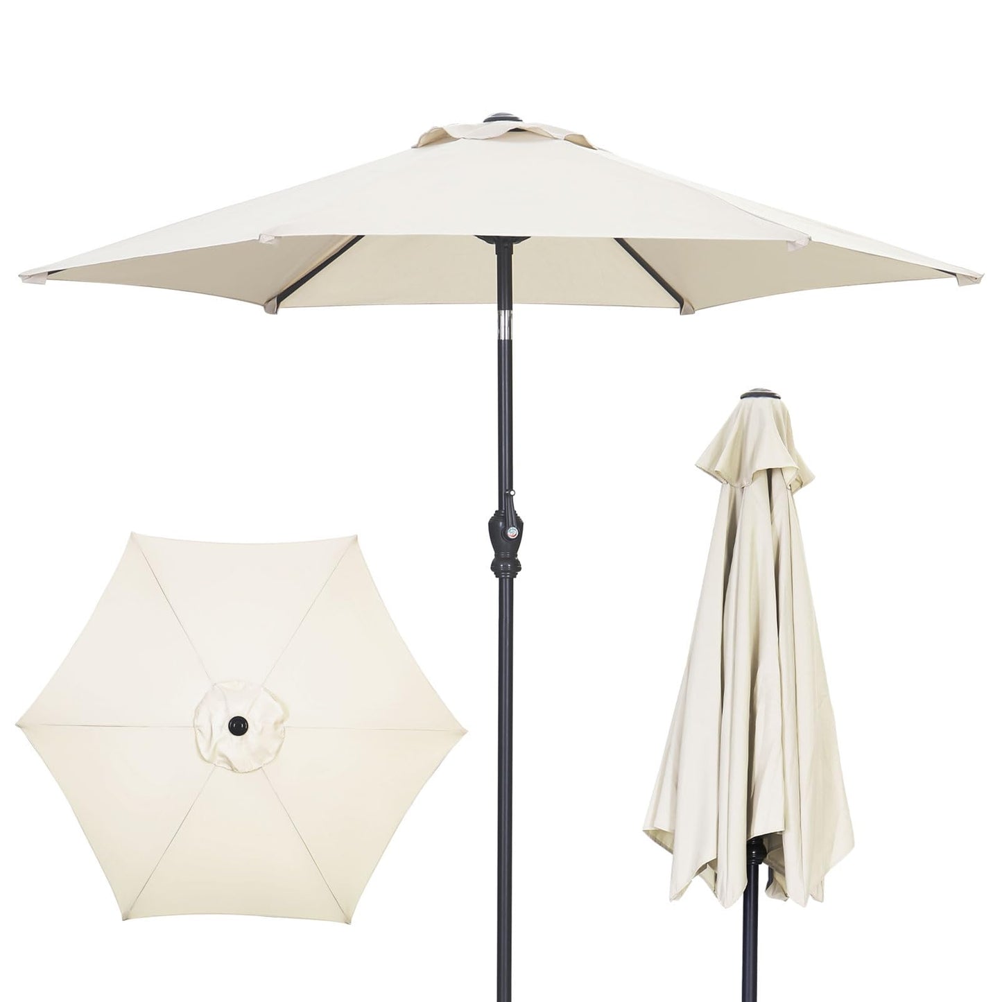 GDY 7.5ft Tassel Patio Umbrella and Matching Base, Outdoor Table Umbrella with 18 LED Lights,Market Umbrella with 6 Sturdy Ribs, with Push Button Tilt and Crank, Bright White