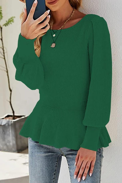 Womens Fall Puff Sleeve Peplum Casual Slim Fit Knit Pullover Sweater