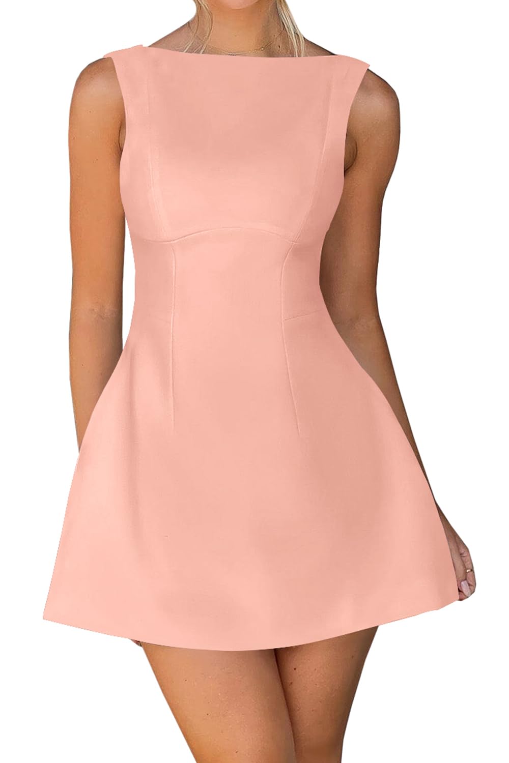 OWIN Women’s Summer Casual Boat Neck Sleeveless Elegant Flared A Line Swing Club Cocktail Party Short Mini Dress