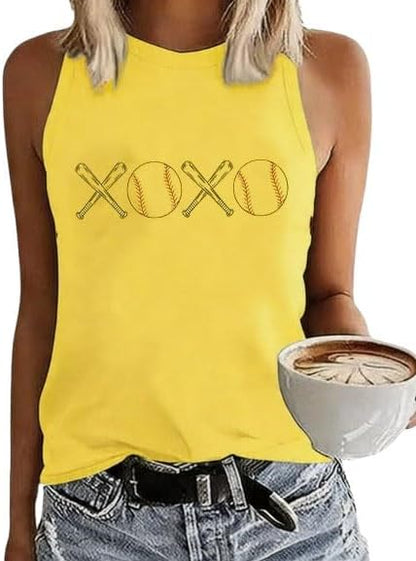 MHTOR Baseball O-Neck Tank Women Print Baseball Tanks Cute Workout Graphic Casual Summer Sleeveless Vest Top