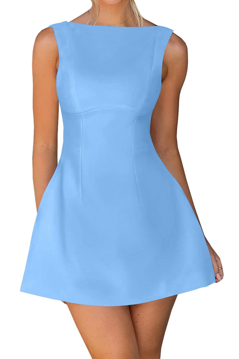 OWIN Women’s Summer Casual Boat Neck Sleeveless Elegant Flared A Line Swing Club Cocktail Party Short Mini Dress