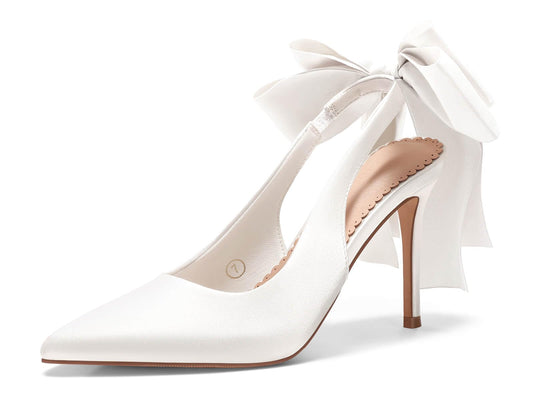 Coutgo Womens Slingback High Heels with Bow Closed Pointed Toe Wedding Bride Dress Shoes Satin Pumps