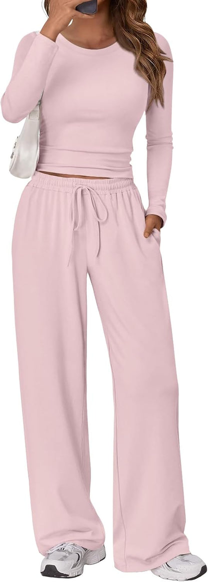 Trendy Queen Women's 2 Piece Matching Lounge Set Long Sleeve Side Ruching Top Wide Leg Drawstring Pants Set with Pockets