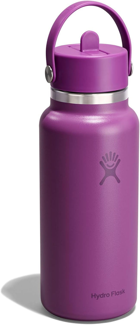 Hydro Flask Water Bottle - Insulated Stainless Steel - Wide Mouth Flex Straw Lid, Non Spill, Leakproof and Refillable in 32 Oz Supernova Purple