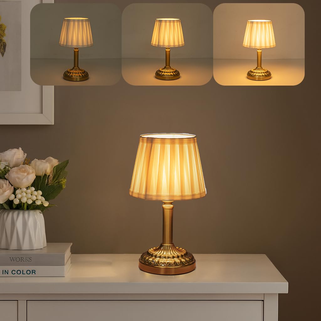 Cordless Table Lamp with Touch Control, Small LED Bedside Lamp with Pleated Shade, 3 Brightness Levels Nightstand Lamp for Bedroom, Living Room & Dorm Room