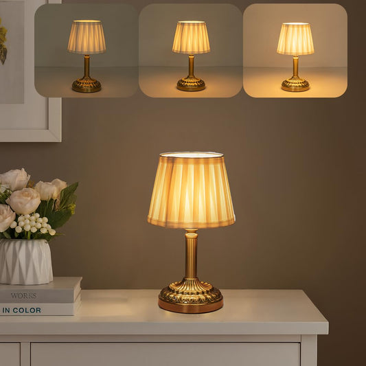 Cordless Table Lamp with Touch Control, Small LED Bedside Lamp with Pleated Shade, 3 Brightness Levels Nightstand Lamp for Bedroom, Living Room & Dorm Room