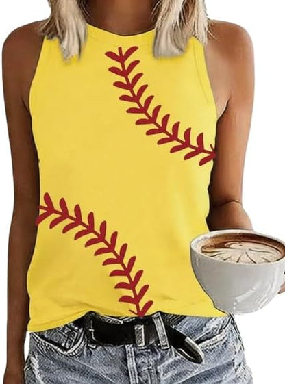 MHTOR Baseball O-Neck Tank Women Print Baseball Tanks Cute Workout Graphic Casual Summer Sleeveless Vest Top