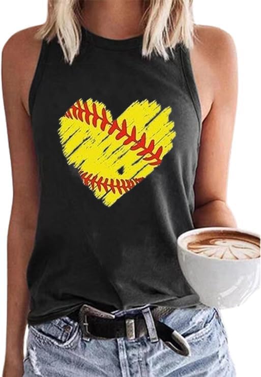 MHTOR Baseball O-Neck Tank Women Print Baseball Tanks Cute Workout Graphic Casual Summer Sleeveless Vest Top