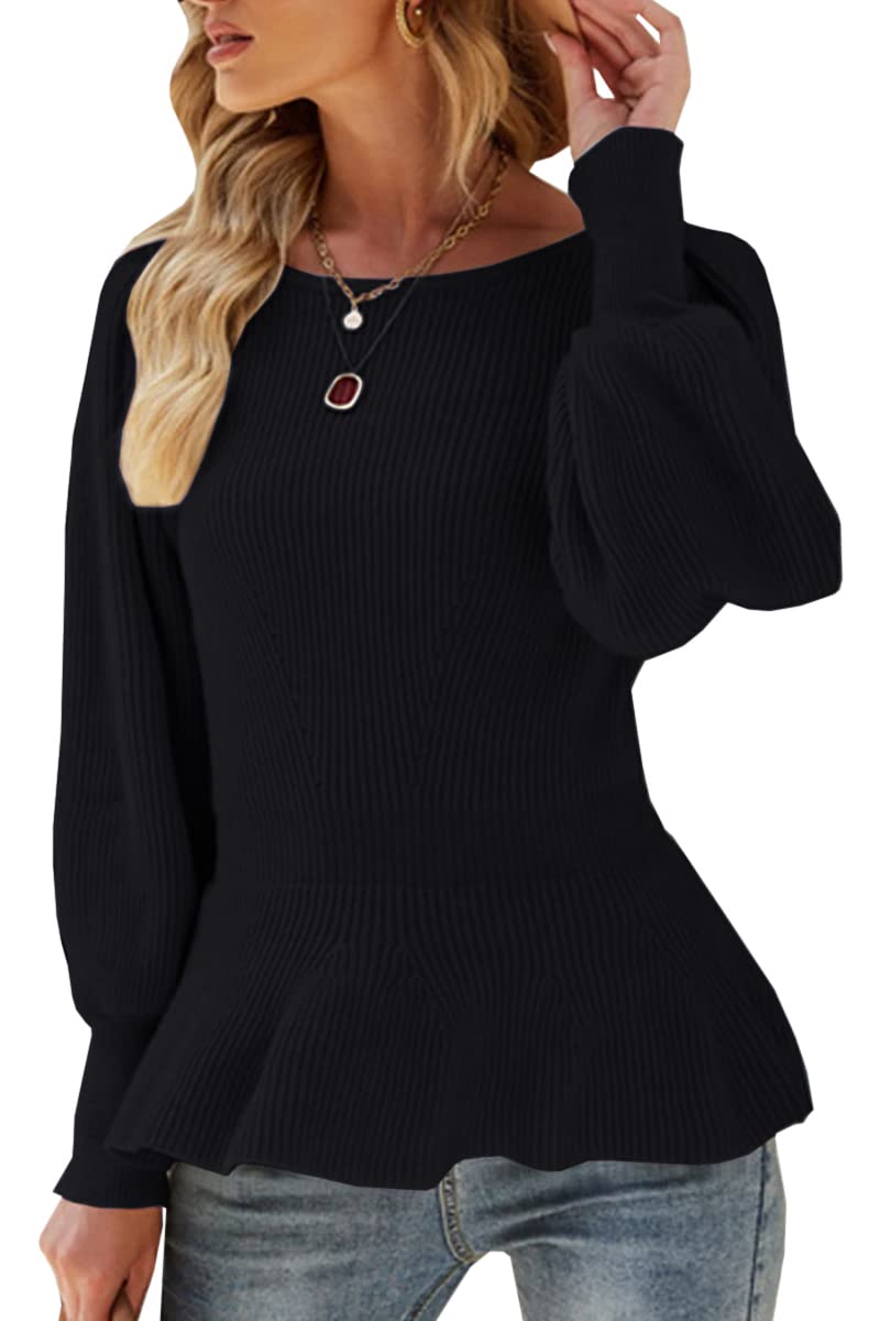 Womens Fall Puff Sleeve Peplum Casual Slim Fit Knit Pullover Sweater