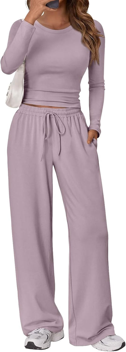 Trendy Queen Women's 2 Piece Matching Lounge Set Long Sleeve Side Ruching Top Wide Leg Drawstring Pants Set with Pockets