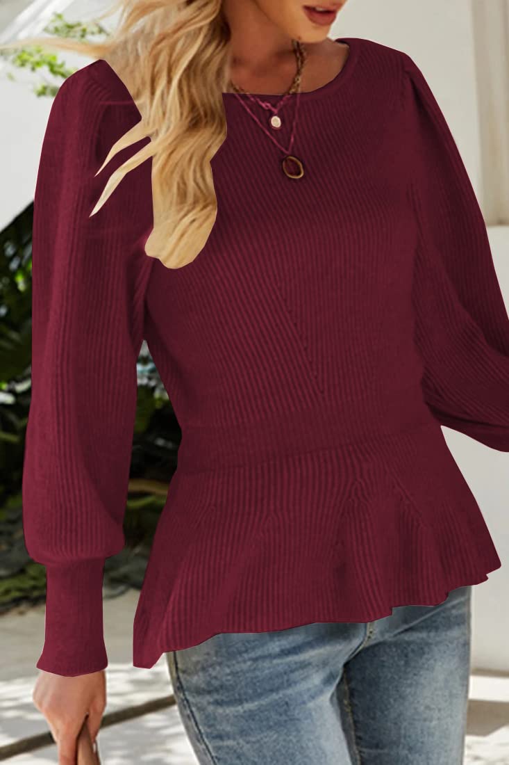 Womens Fall Puff Sleeve Peplum Casual Slim Fit Knit Pullover Sweater