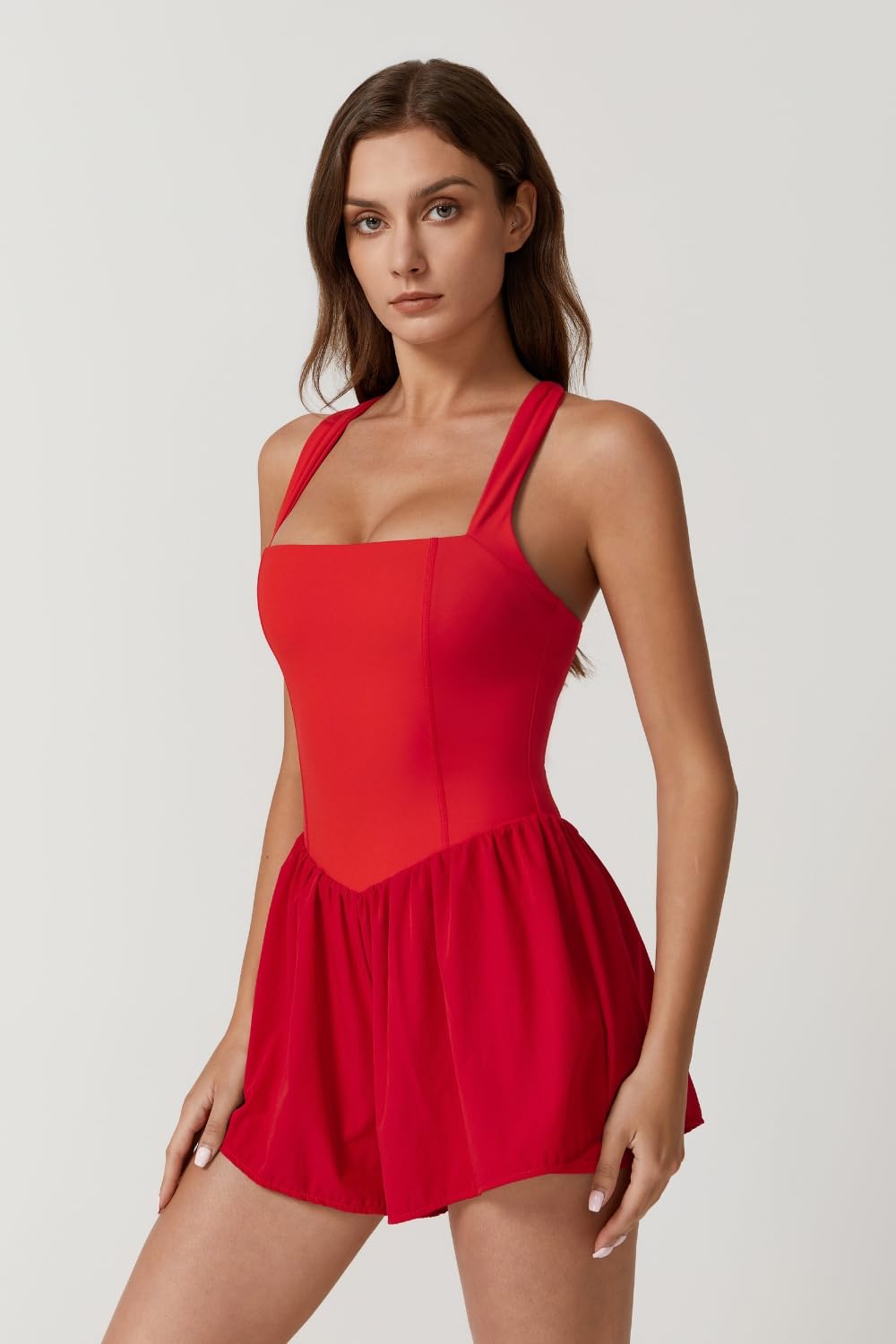 QINSEN Women's Square Neck Sleeveless Romper Jumpsuit