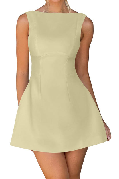 OWIN Women’s Summer Casual Boat Neck Sleeveless Elegant Flared A Line Swing Club Cocktail Party Short Mini Dress