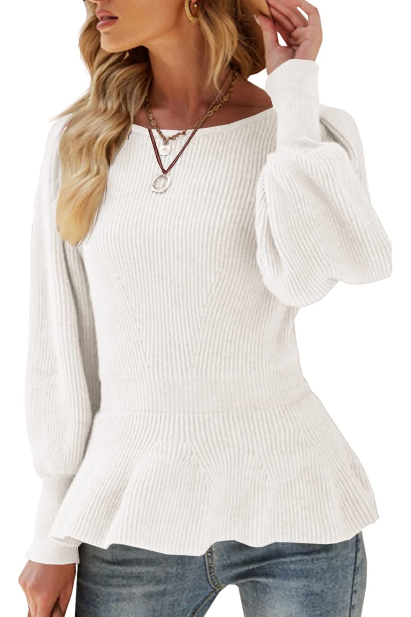 Womens Fall Puff Sleeve Peplum Casual Slim Fit Knit Pullover Sweater
