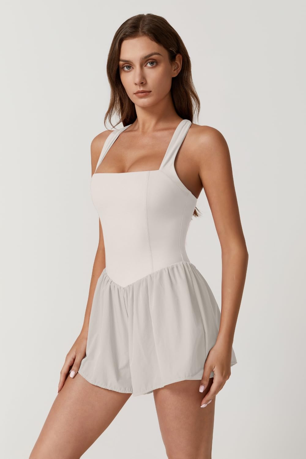QINSEN Women's Square Neck Sleeveless Romper Jumpsuit