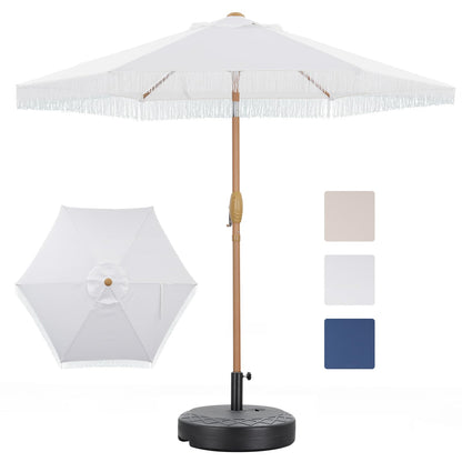 GDY 7.5ft Tassel Patio Umbrella and Matching Base, Outdoor Table Umbrella with 18 LED Lights,Market Umbrella with 6 Sturdy Ribs, with Push Button Tilt and Crank, Bright White