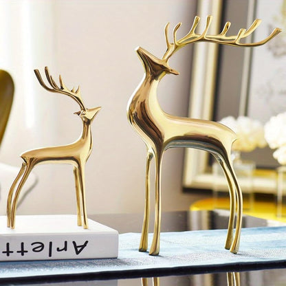 Reindeer Figurine Statues Deluxe Set of 2, Christmas Deer Pure Copper Heavy Reindeer Ornaments for Home Decor Accents Living Room Office Bookself Tabletop Mantle Christmas Decoration, Gold