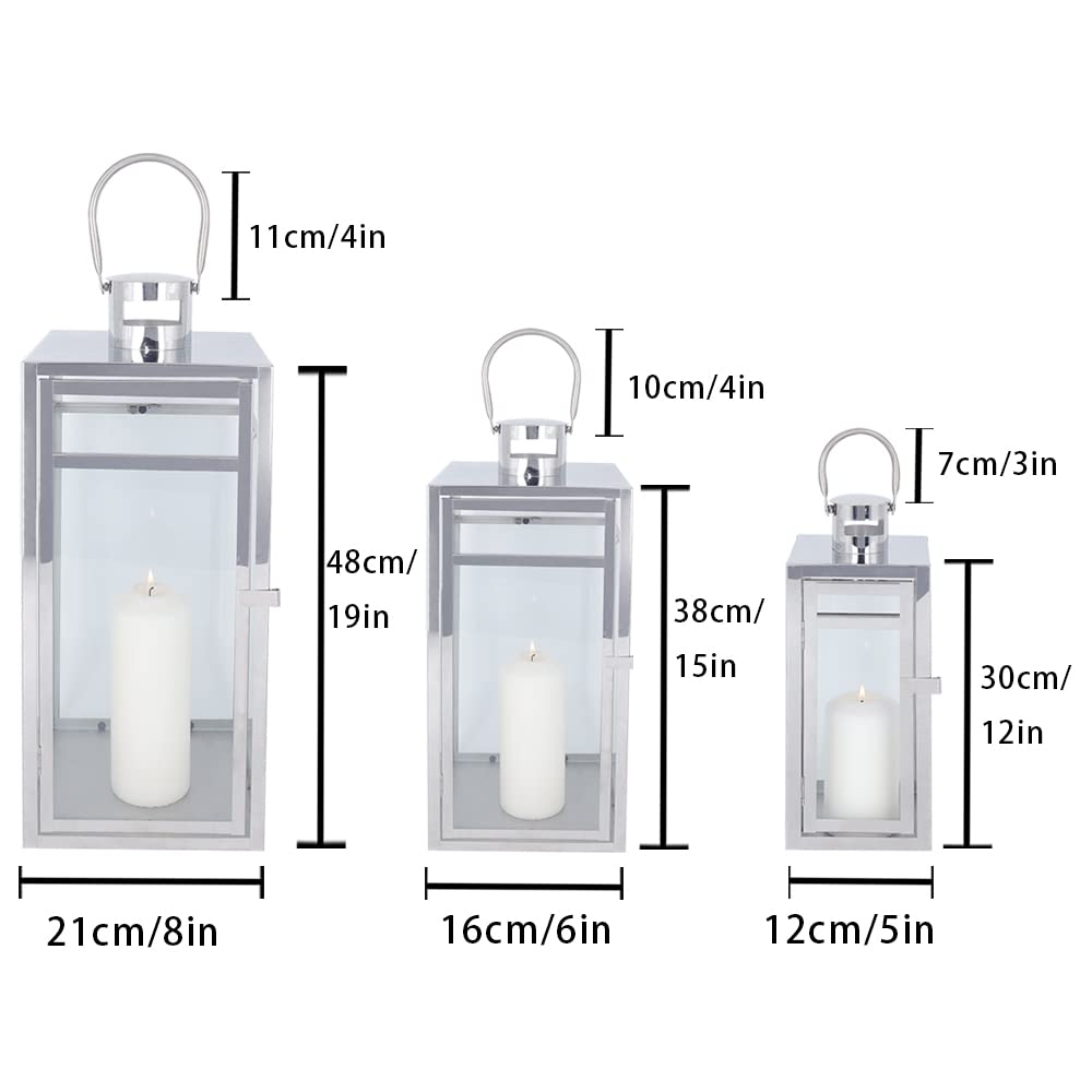 TRIROCKS Set of 3 Stainless Steel Candle Lantern 19/15/12'' High Metal Candle Holder with Tempered Glass Panels Perfect for Home Decor Living Room Parties Events Tabletop Indoors Outdoors (Rose Gold)