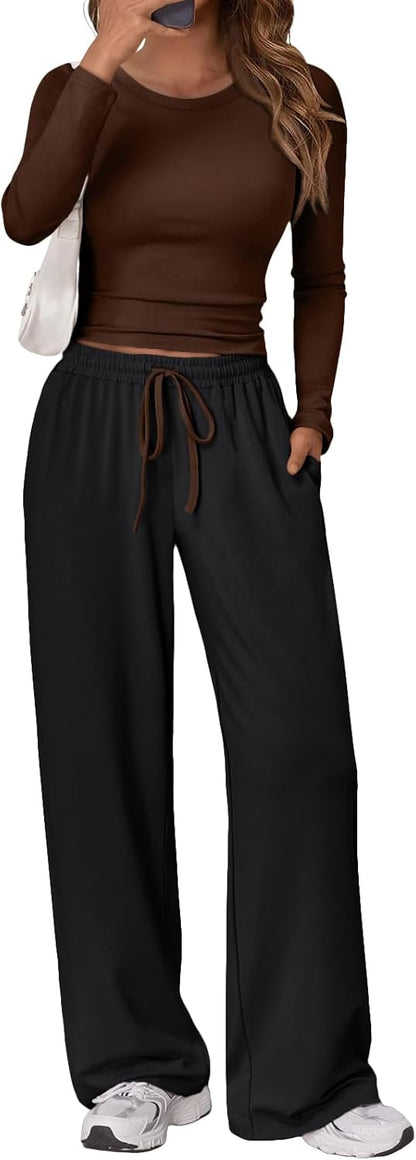 Trendy Queen Women's 2 Piece Matching Lounge Set Long Sleeve Side Ruching Top Wide Leg Drawstring Pants Set with Pockets