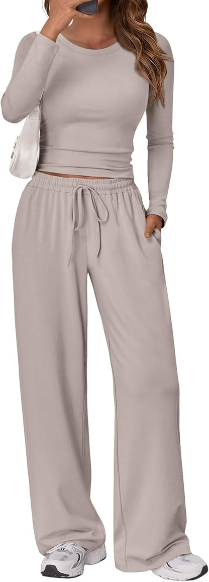 Trendy Queen Women's 2 Piece Matching Lounge Set Long Sleeve Side Ruching Top Wide Leg Drawstring Pants Set with Pockets