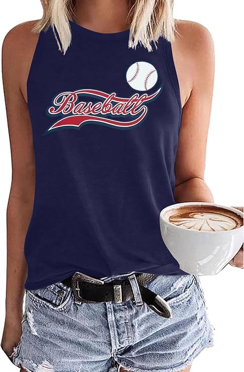 MHTOR Baseball O-Neck Tank Women Print Baseball Tanks Cute Workout Graphic Casual Summer Sleeveless Vest Top