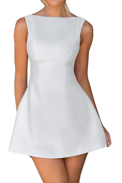 OWIN Women’s Summer Casual Boat Neck Sleeveless Elegant Flared A Line Swing Club Cocktail Party Short Mini Dress