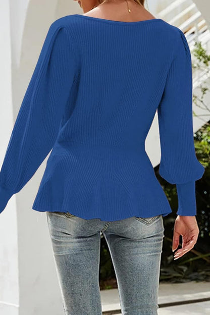 Womens Fall Puff Sleeve Peplum Casual Slim Fit Knit Pullover Sweater