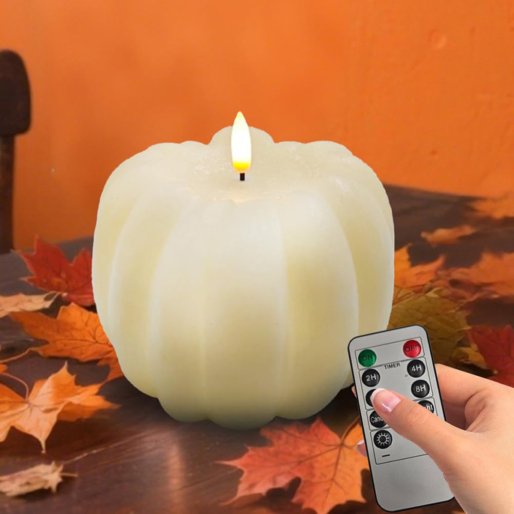Fall Decor, Fall Decorations for Home - Flameless Pumpkin Candle with Timer Remote - Room Bedroom Table Farmhouse Decor for Halloween, Thanksgiving, Orange+White