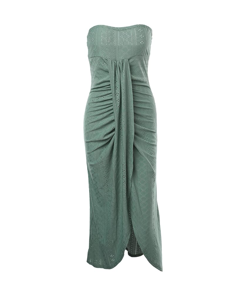 CHICME Women's Strapless Bodycon Maxi Dress Asymmetrical Hem | Ruched Wrap Detail, Eyelet Embroidery, Soft Stretch Fabric, Tube Top Neckline, Beach Vacation Wear, Wedding Guest Outfit