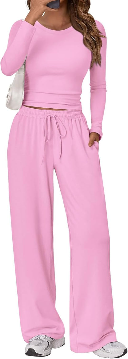 Trendy Queen Women's 2 Piece Matching Lounge Set Long Sleeve Side Ruching Top Wide Leg Drawstring Pants Set with Pockets