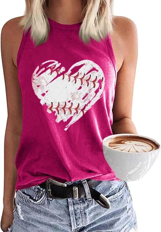 MHTOR Baseball O-Neck Tank Women Print Baseball Tanks Cute Workout Graphic Casual Summer Sleeveless Vest Top