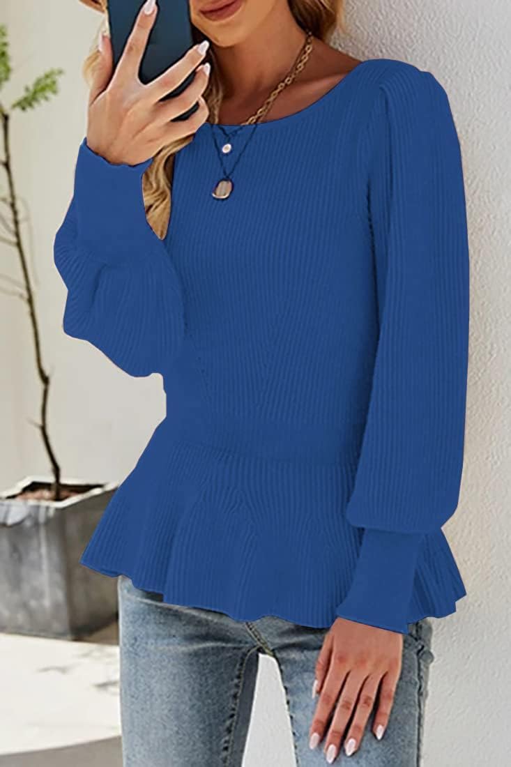 Womens Fall Puff Sleeve Peplum Casual Slim Fit Knit Pullover Sweater