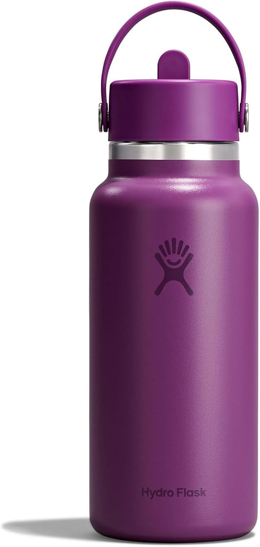 Hydro Flask Water Bottle - Insulated Stainless Steel - Wide Mouth Flex Straw Lid, Non Spill, Leakproof and Refillable in 32 Oz Supernova Purple