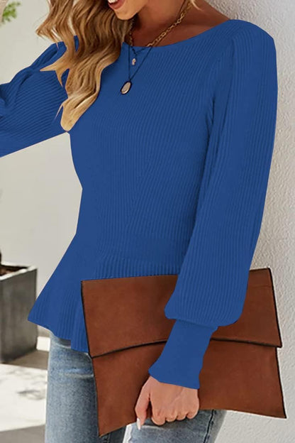 Womens Fall Puff Sleeve Peplum Casual Slim Fit Knit Pullover Sweater