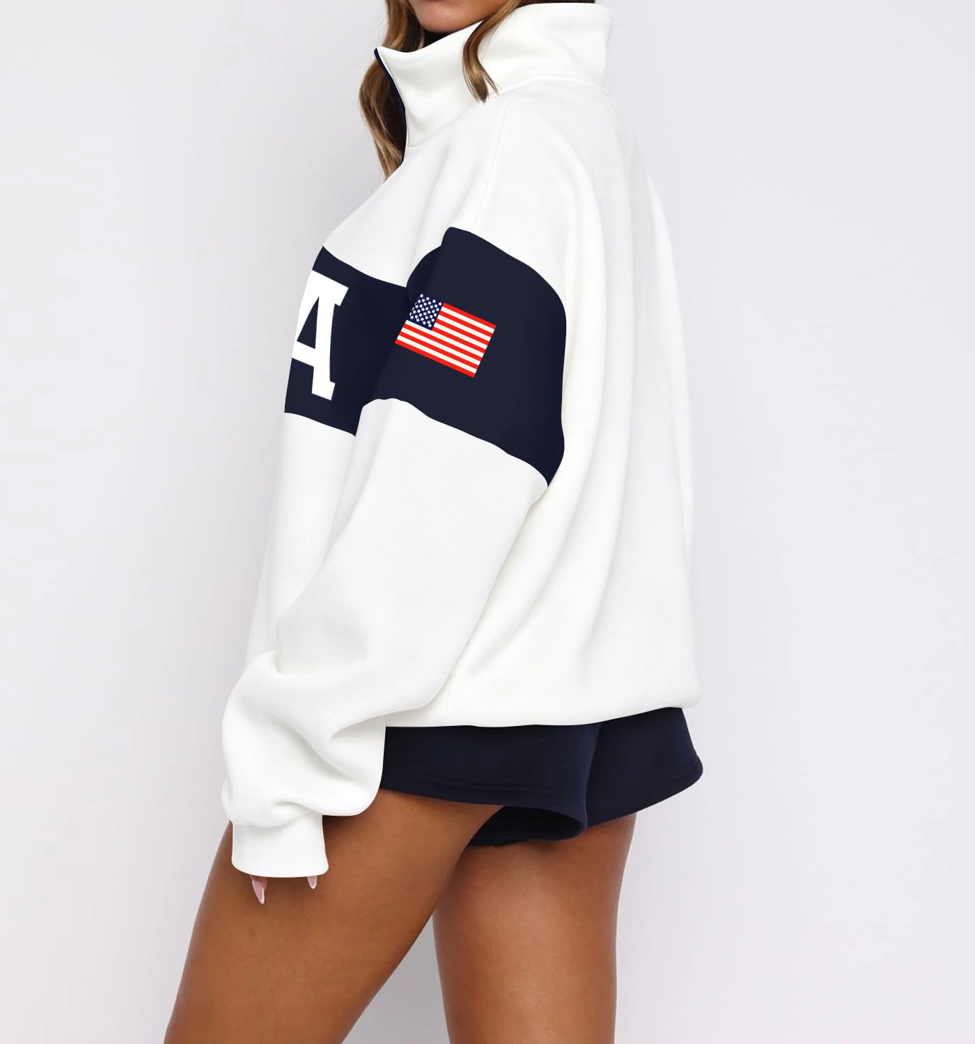 LEEDYA Women Long Sleeve American Flag Sweatshirts Half Zip USA Sweater