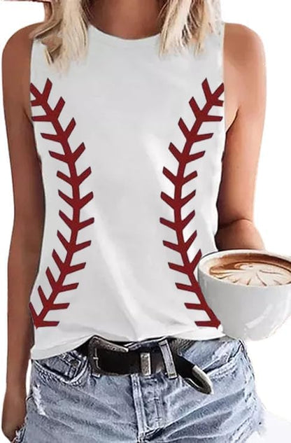 MHTOR Baseball O-Neck Tank Women Print Baseball Tanks Cute Workout Graphic Casual Summer Sleeveless Vest Top
