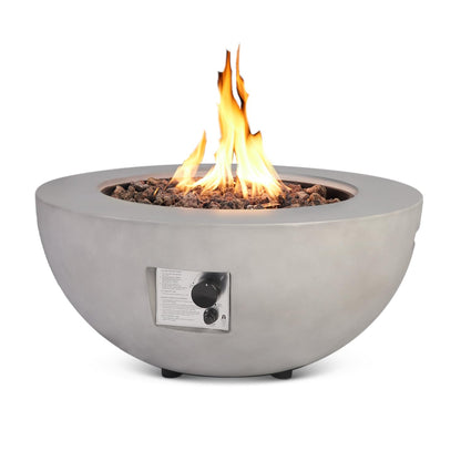31.5 Inch Round Propane Fire Pit Table - Concrete Round Fire Bowl 50,000 BTU Natural Gas Firepit Burner with Steel Lid, Lava Rocks, Waterproof Cover for Outside Patio, Backyard, Party