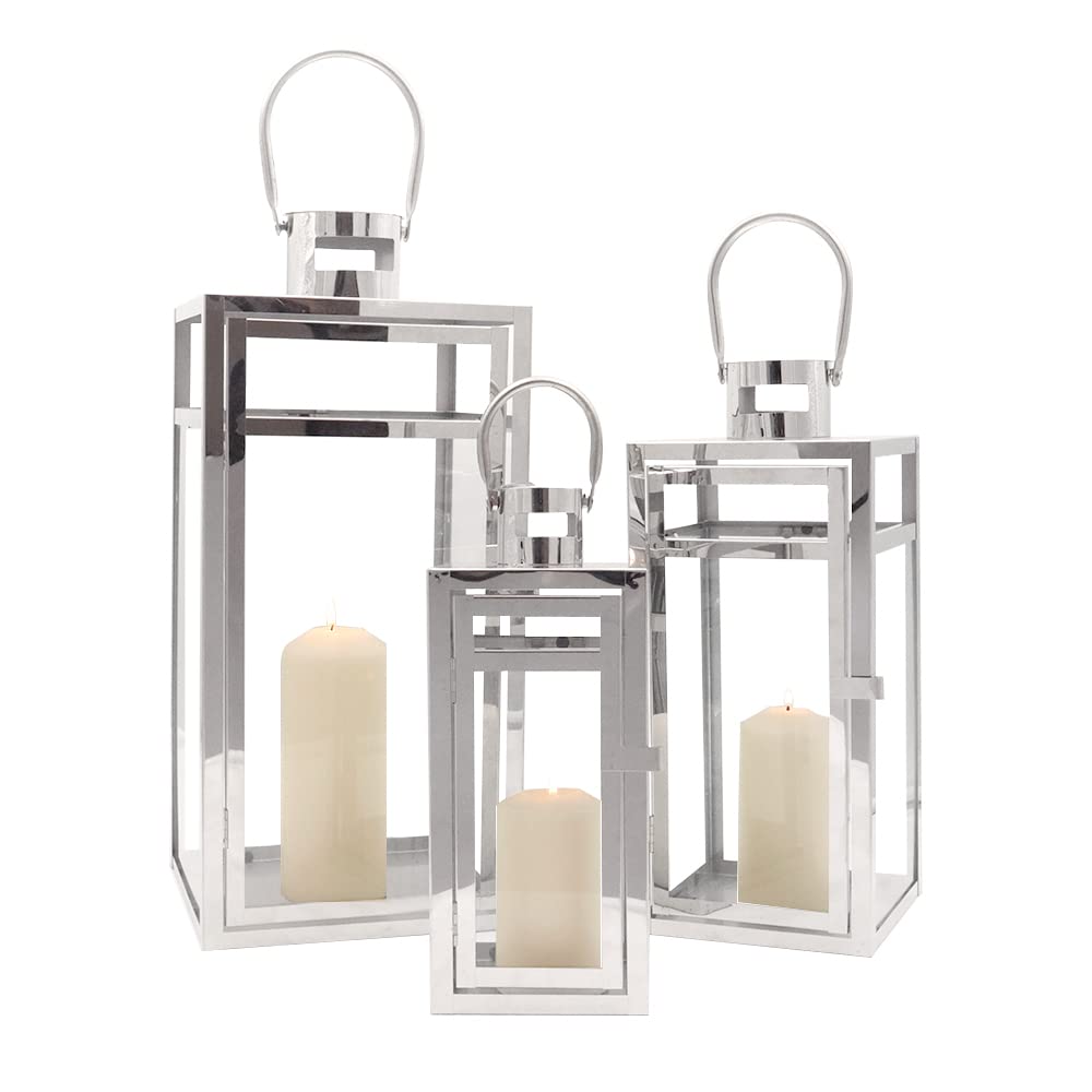 TRIROCKS Set of 3 Stainless Steel Candle Lantern 19/15/12'' High Metal Candle Holder with Tempered Glass Panels Perfect for Home Decor Living Room Parties Events Tabletop Indoors Outdoors (Rose Gold)