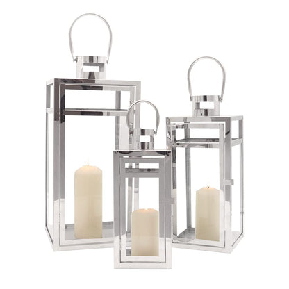 TRIROCKS Set of 3 Stainless Steel Candle Lantern 19/15/12'' High Metal Candle Holder with Tempered Glass Panels Perfect for Home Decor Living Room Parties Events Tabletop Indoors Outdoors (Rose Gold)