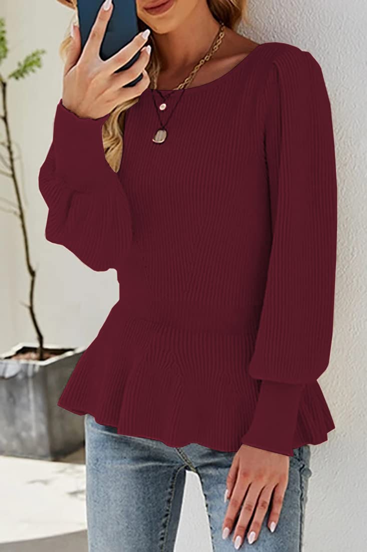 Womens Fall Puff Sleeve Peplum Casual Slim Fit Knit Pullover Sweater