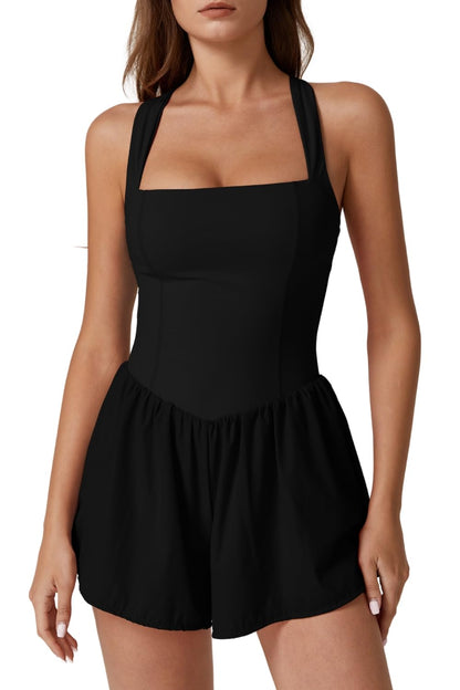 QINSEN Women's Square Neck Sleeveless Romper Jumpsuit