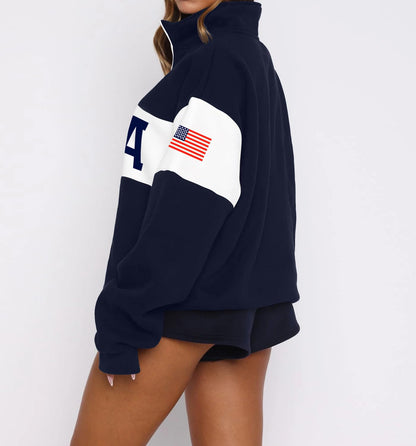 LEEDYA Women Long Sleeve American Flag Sweatshirts Half Zip USA Sweater