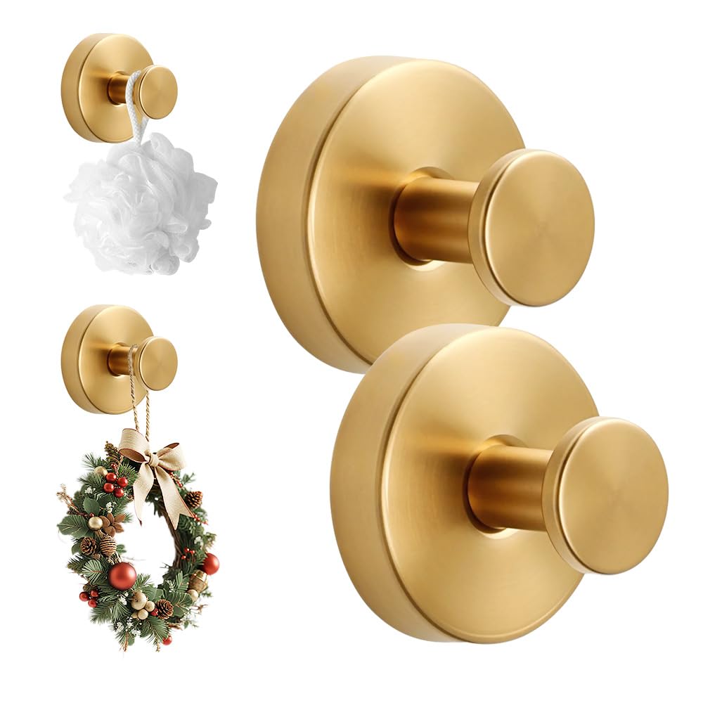 2 Packs Suction Cup Hooks for Wreaths on Glass, Waterproof No-Drill Shower Hooks for Towels, Robes, Coats, Wreaths,Wall Mount Hook for Bathroom, Kitchen and Wreath Hanger for Front Door (2pcs Gold)