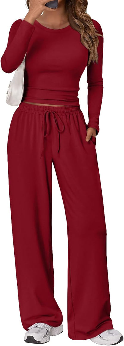 Trendy Queen Women's 2 Piece Matching Lounge Set Long Sleeve Side Ruching Top Wide Leg Drawstring Pants Set with Pockets